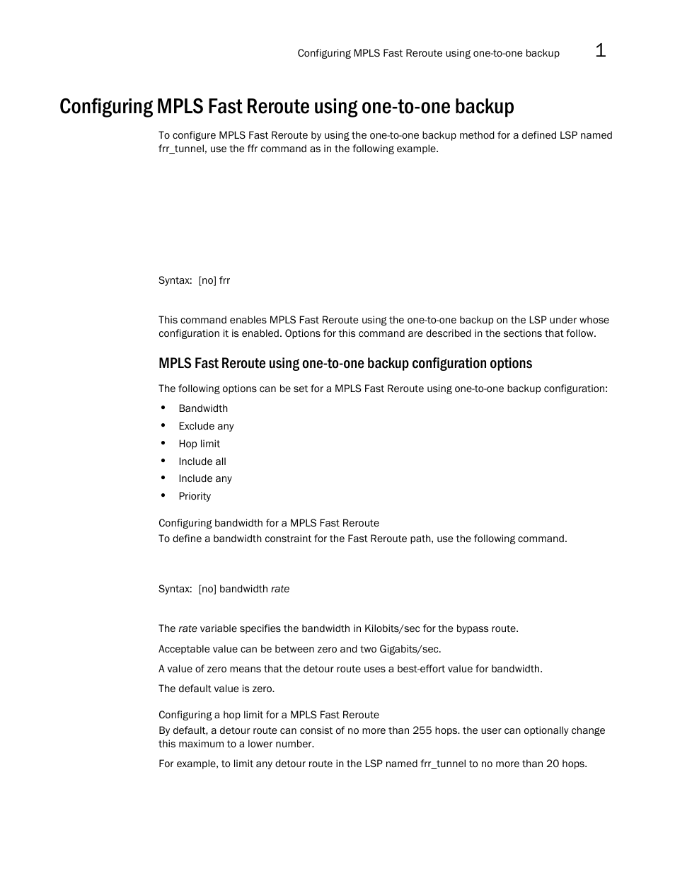 Configuring mpls fast reroute, Using one-to-one backup | Brocade Multi-Service IronWare Multiprotocol Label Switch (MPLS) Configuration Guide (Supporting R05.6.00) User Manual | Page 185 / 852