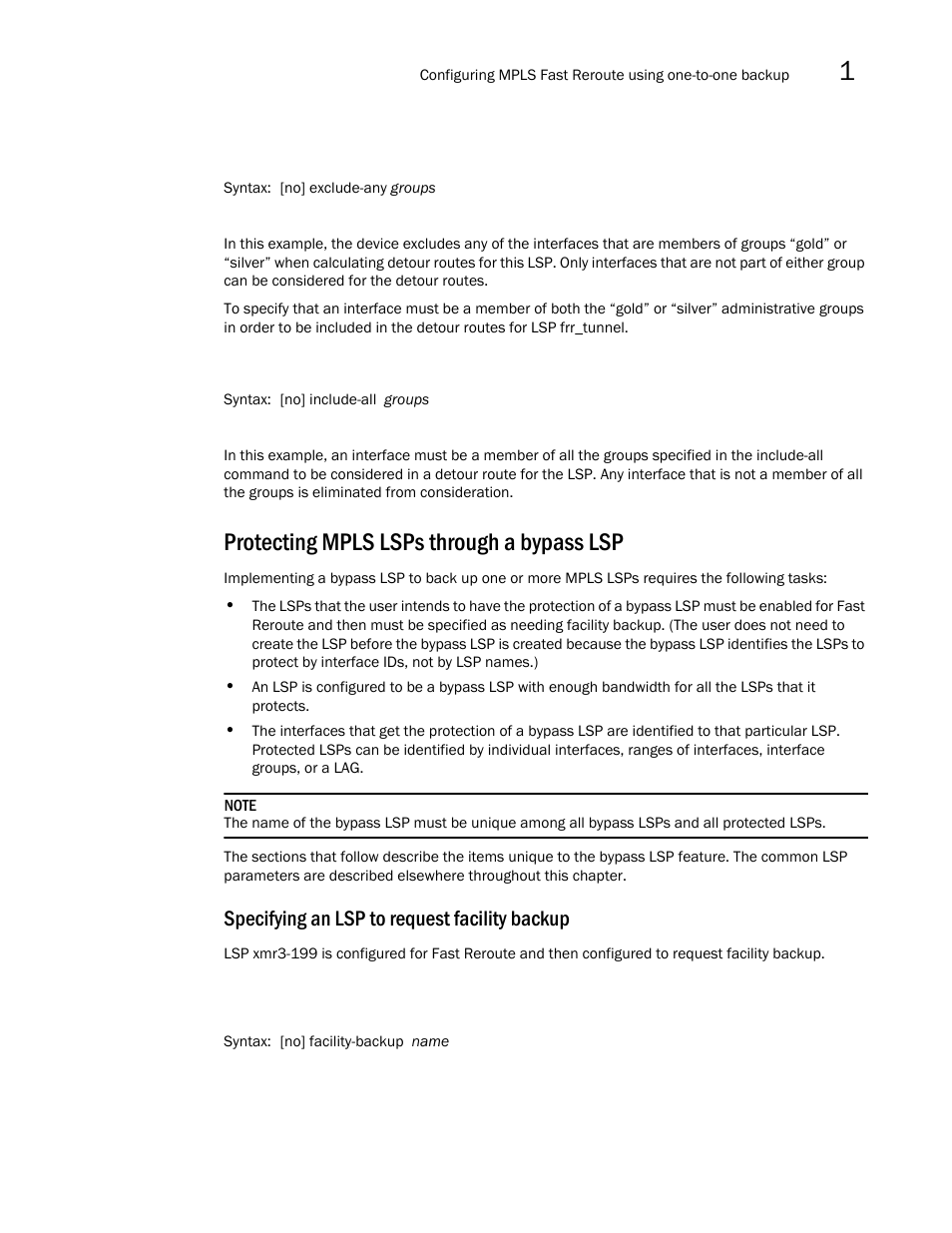 Protecting mpls lsps through a bypass lsp, Specifying an lsp to request facility backup | Brocade Multi-Service IronWare Multiprotocol Label Switch (MPLS) Configuration Guide (Supporting R05.6.00) User Manual | Page 187 / 852