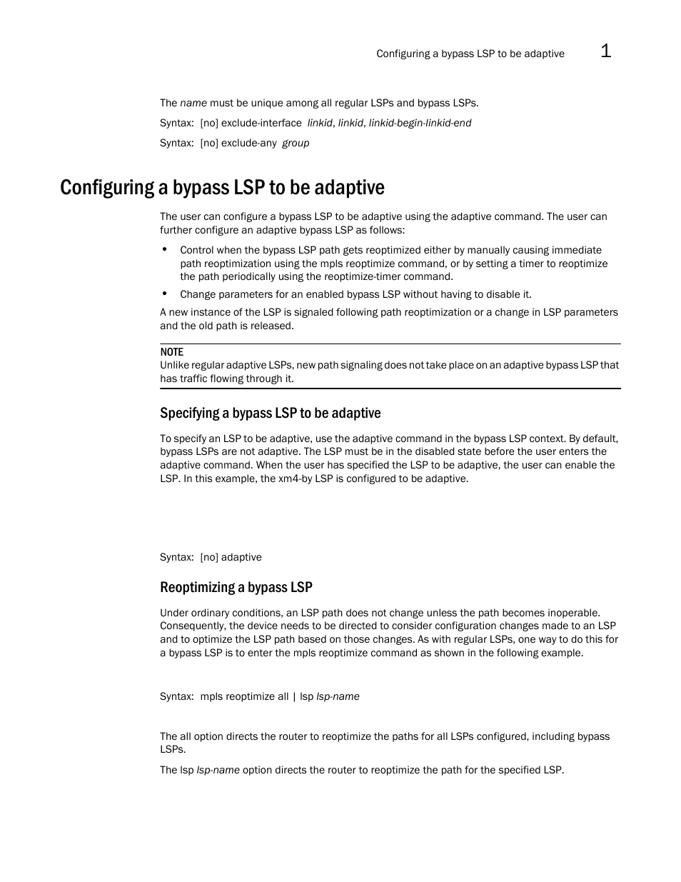 Configuring a bypass lsp to be adaptive, Specifying a bypass lsp to be adaptive, Reoptimizing a bypass lsp | Brocade Multi-Service IronWare Multiprotocol Label Switch (MPLS) Configuration Guide (Supporting R05.6.00) User Manual | Page 189 / 852