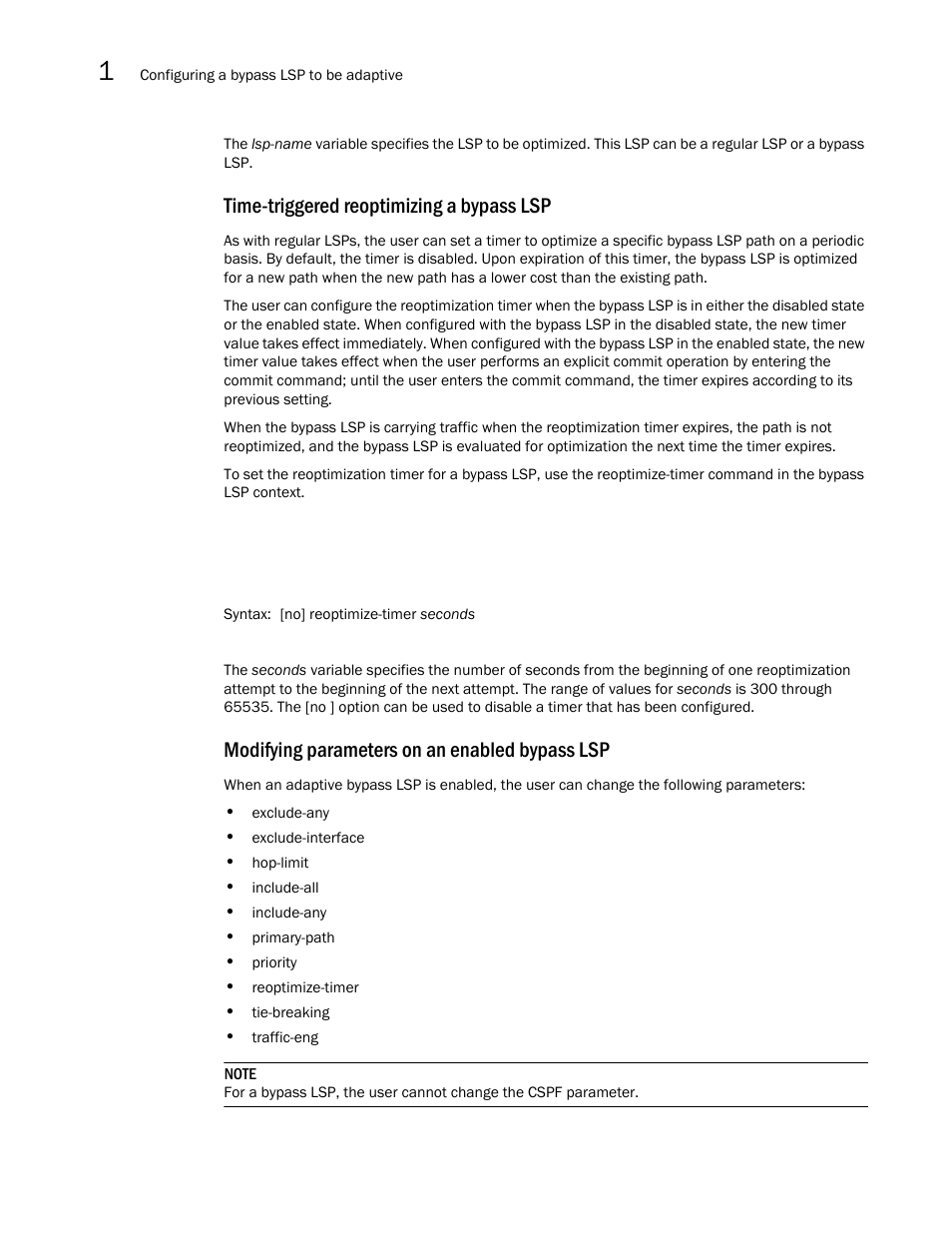 Time-triggered reoptimizing a bypass lsp, Modifying parameters on an enabled bypass lsp | Brocade Multi-Service IronWare Multiprotocol Label Switch (MPLS) Configuration Guide (Supporting R05.6.00) User Manual | Page 190 / 852