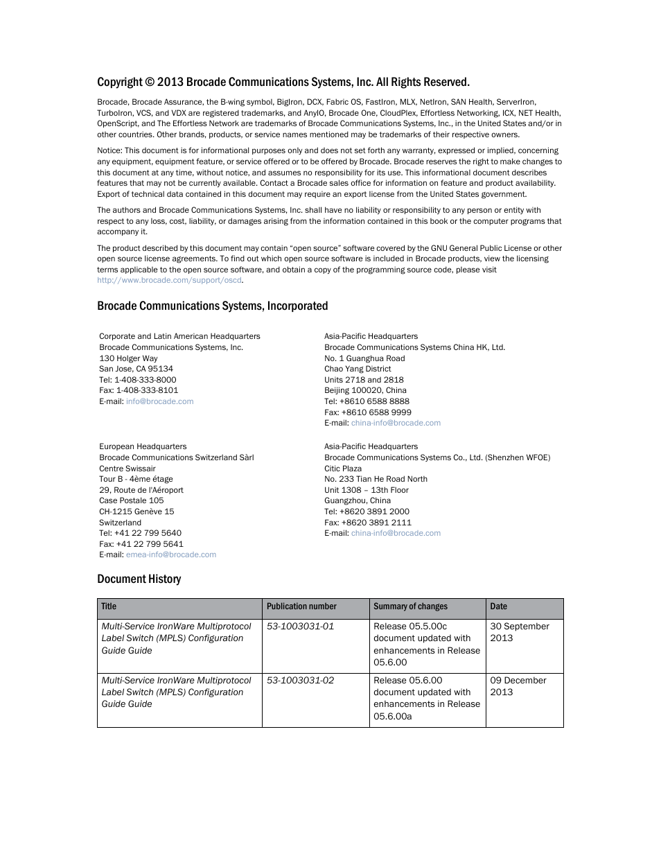 Brocade communications systems, incorporated, Document history | Brocade Multi-Service IronWare Multiprotocol Label Switch (MPLS) Configuration Guide (Supporting R05.6.00) User Manual | Page 2 / 852