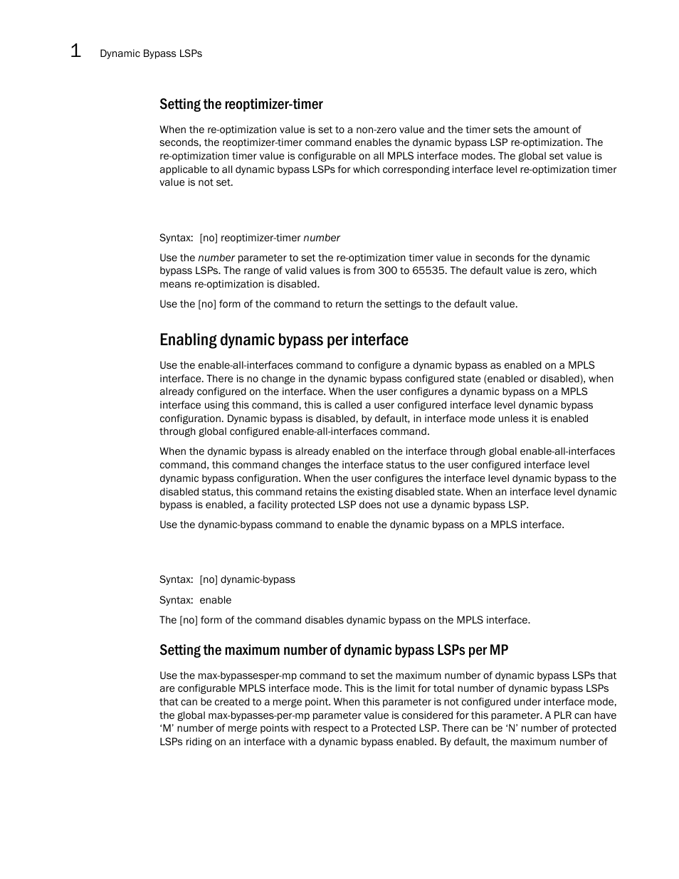 Enabling dynamic bypass per interface, Setting the reoptimizer-timer | Brocade Multi-Service IronWare Multiprotocol Label Switch (MPLS) Configuration Guide (Supporting R05.6.00) User Manual | Page 200 / 852