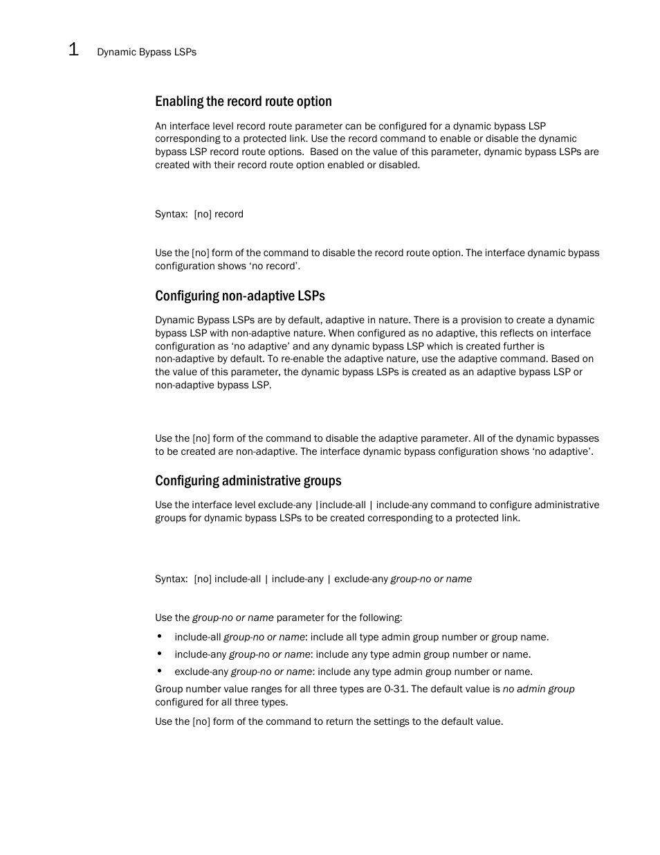 Enabling the record route option, Configuring non-adaptive lsps, Configuring administrative groups | Brocade Multi-Service IronWare Multiprotocol Label Switch (MPLS) Configuration Guide (Supporting R05.6.00) User Manual | Page 202 / 852