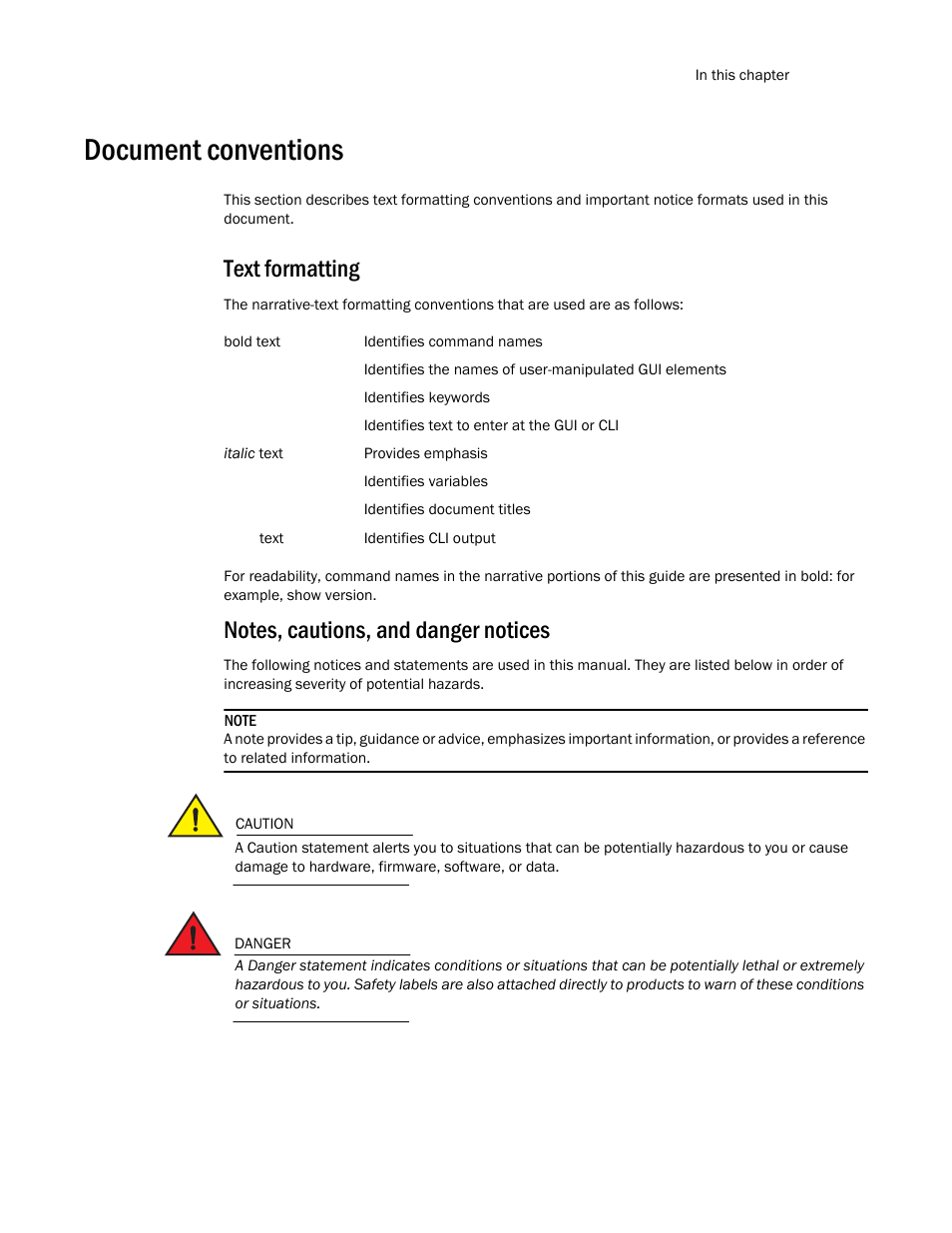 Document conventions, Text formatting, Notes, cautions, and danger notices | Brocade Multi-Service IronWare Multiprotocol Label Switch (MPLS) Configuration Guide (Supporting R05.6.00) User Manual | Page 21 / 852