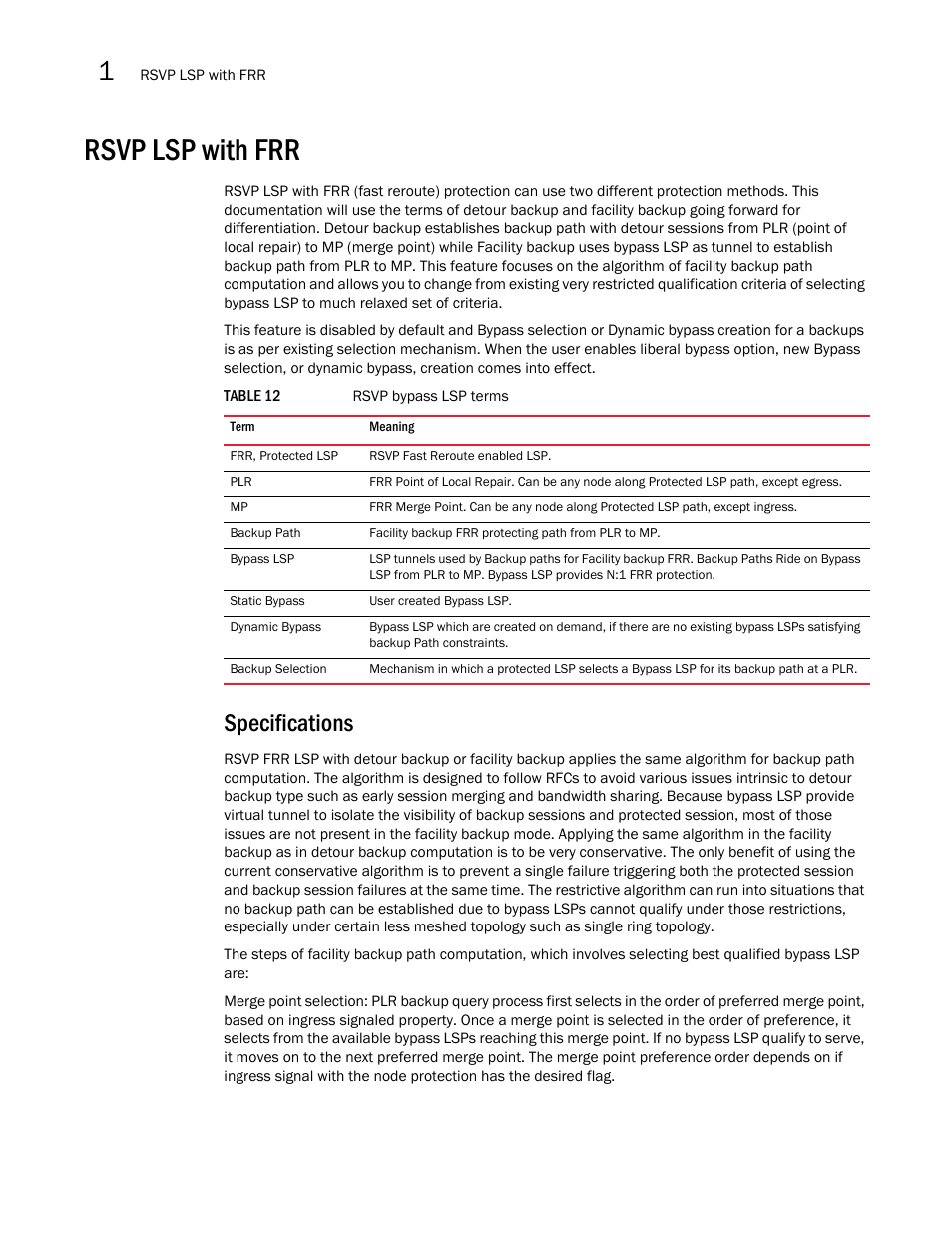 Rsvp lsp with frr, Specifications | Brocade Multi-Service IronWare Multiprotocol Label Switch (MPLS) Configuration Guide (Supporting R05.6.00) User Manual | Page 214 / 852