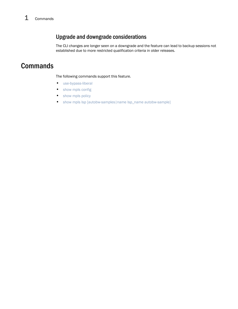 Upgrade and downgrade considerations, Commands | Brocade Multi-Service IronWare Multiprotocol Label Switch (MPLS) Configuration Guide (Supporting R05.6.00) User Manual | Page 222 / 852