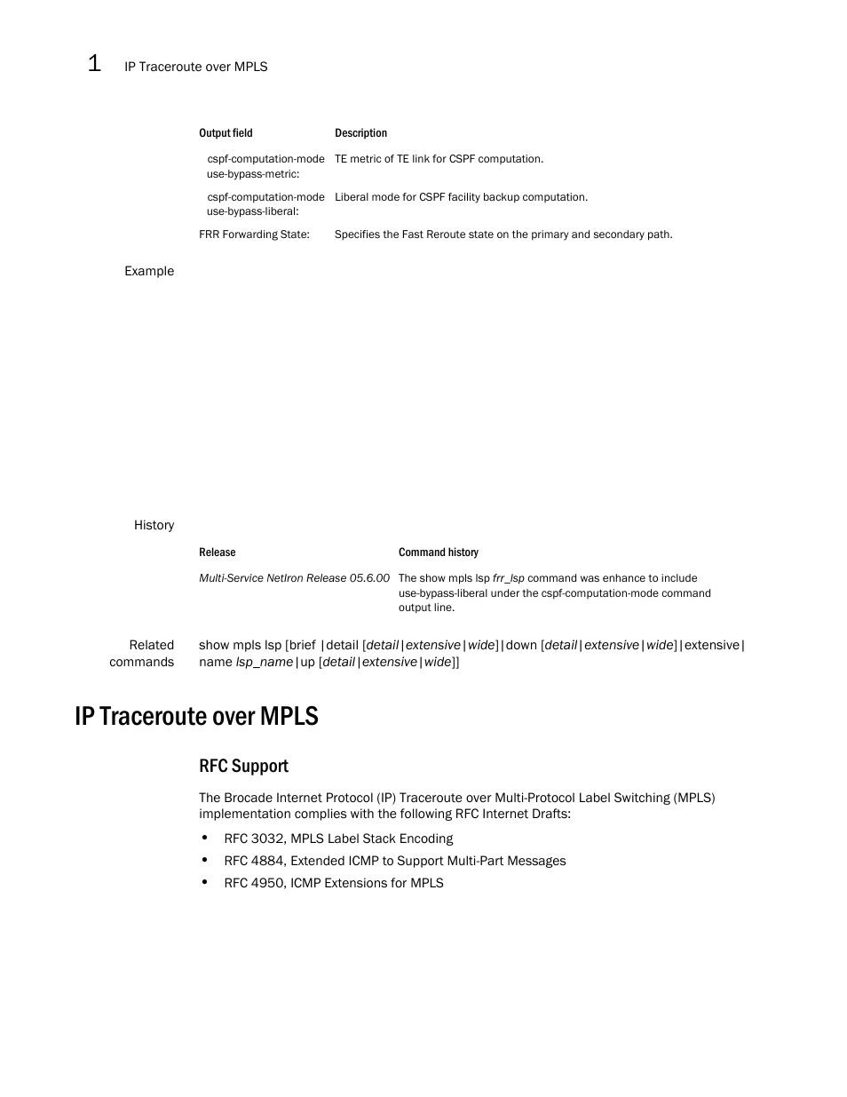 Ip traceroute over mpls, Rfc support | Brocade Multi-Service IronWare Multiprotocol Label Switch (MPLS) Configuration Guide (Supporting R05.6.00) User Manual | Page 228 / 852