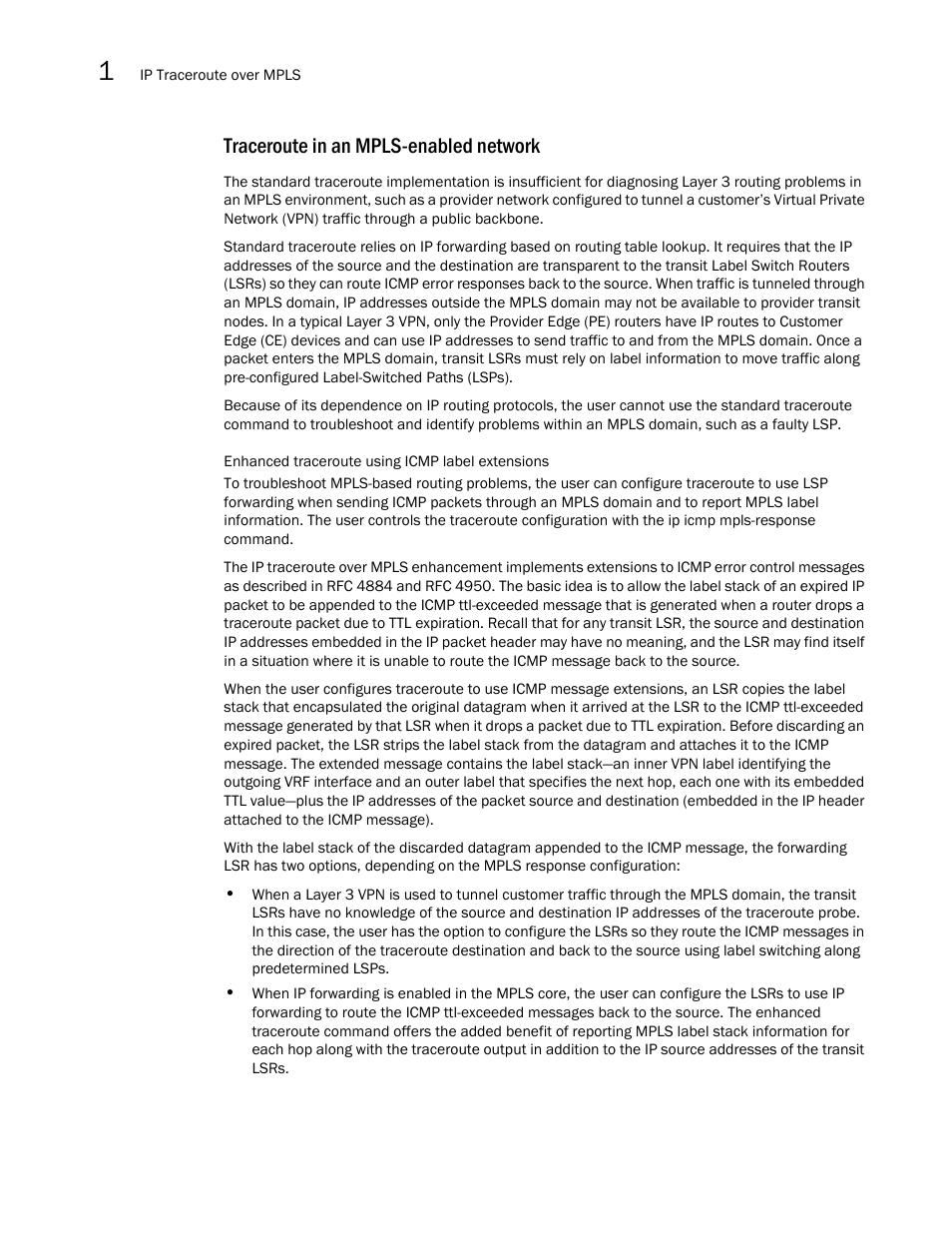 Traceroute in an mpls-enabled network | Brocade Multi-Service IronWare Multiprotocol Label Switch (MPLS) Configuration Guide (Supporting R05.6.00) User Manual | Page 230 / 852