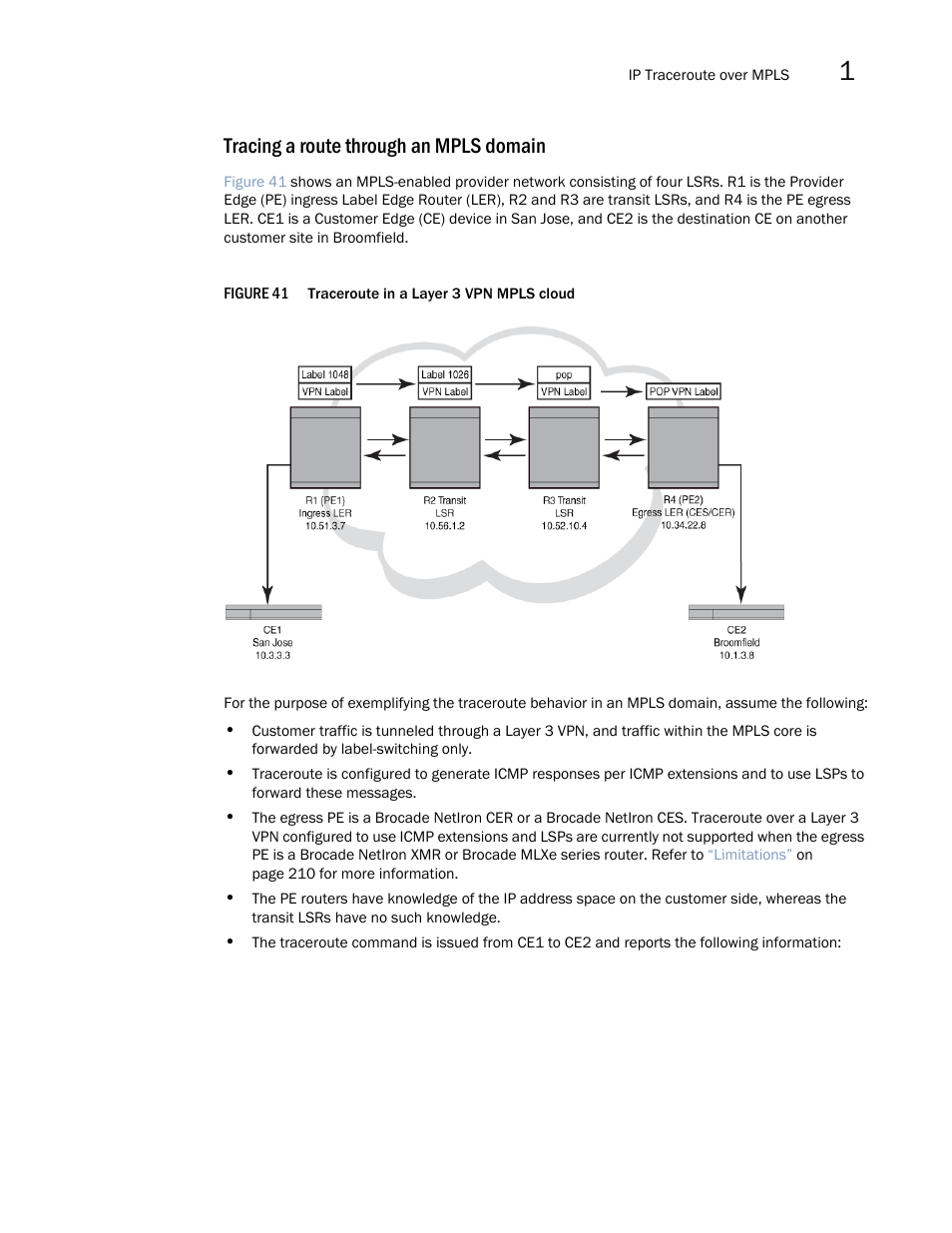 Tracing a route through an mpls domain | Brocade Multi-Service IronWare Multiprotocol Label Switch (MPLS) Configuration Guide (Supporting R05.6.00) User Manual | Page 231 / 852