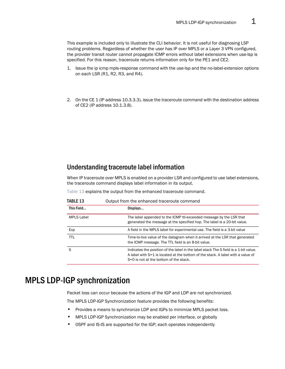 Understanding traceroute label information, Mpls ldp-igp synchronization | Brocade Multi-Service IronWare Multiprotocol Label Switch (MPLS) Configuration Guide (Supporting R05.6.00) User Manual | Page 239 / 852