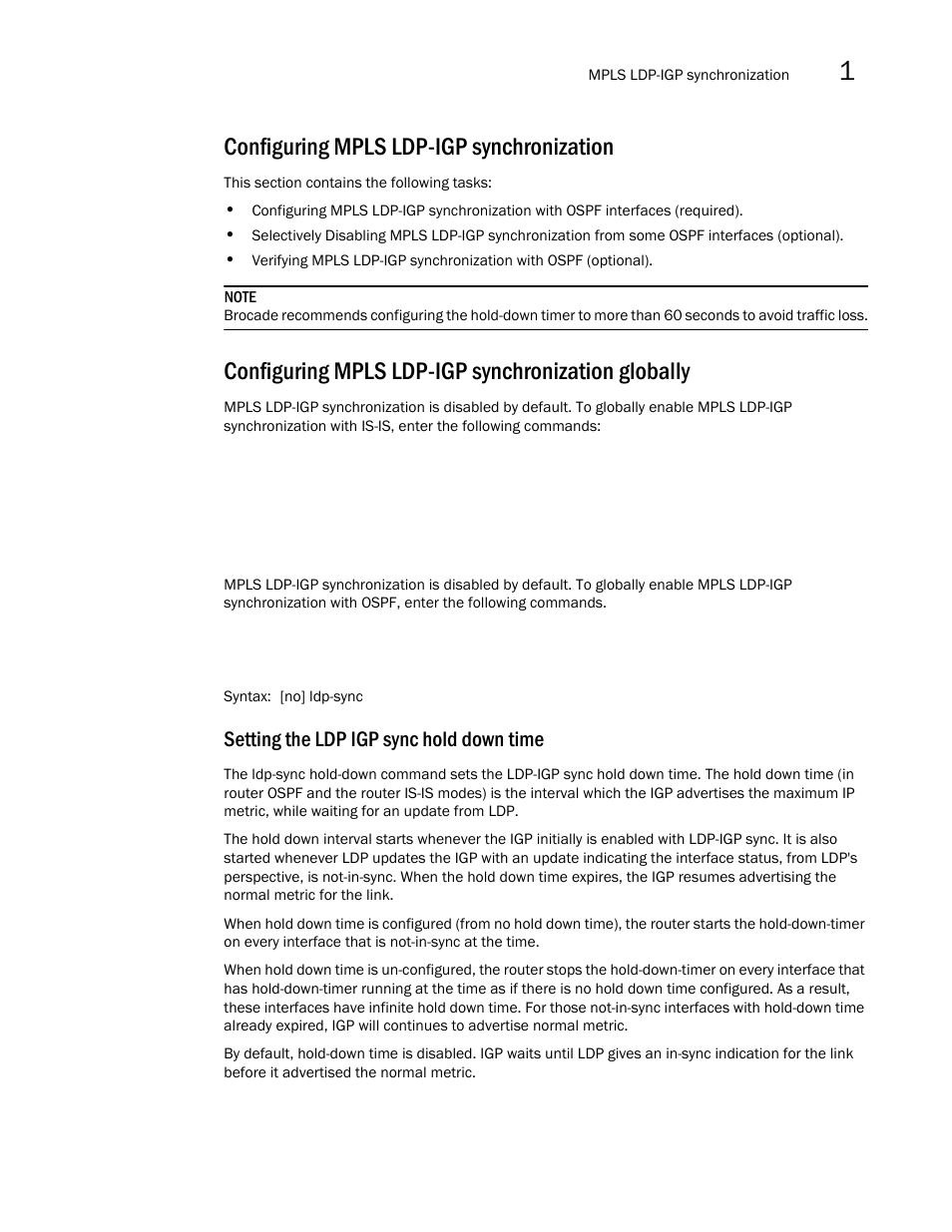 Configuring mpls ldp-igp synchronization, Configuring mpls ldp-igp synchronization globally, Setting the ldp igp sync hold down time | Brocade Multi-Service IronWare Multiprotocol Label Switch (MPLS) Configuration Guide (Supporting R05.6.00) User Manual | Page 241 / 852