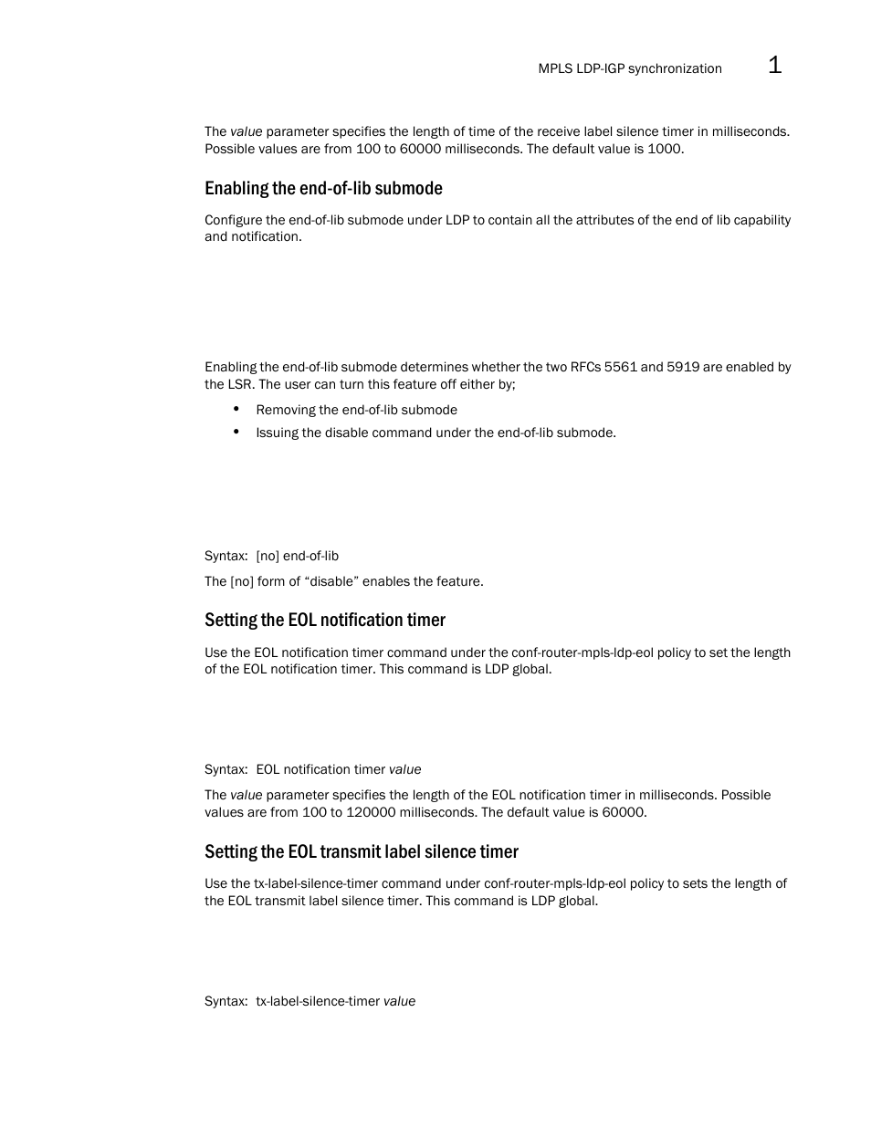 Enabling the end-of-lib submode, Setting the eol notification timer, Setting the eol transmit label silence timer | Brocade Multi-Service IronWare Multiprotocol Label Switch (MPLS) Configuration Guide (Supporting R05.6.00) User Manual | Page 243 / 852