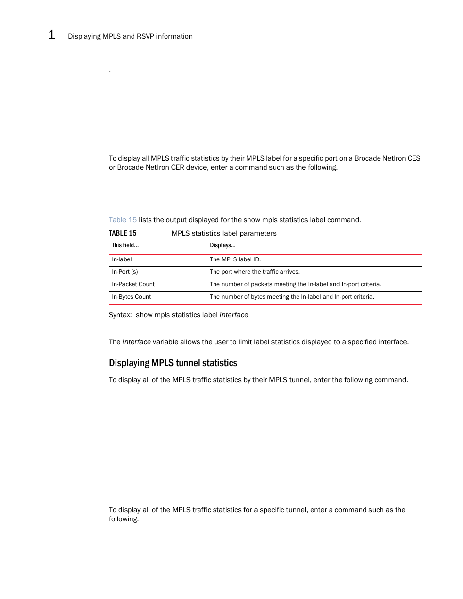 Displaying mpls tunnel statistics | Brocade Multi-Service IronWare Multiprotocol Label Switch (MPLS) Configuration Guide (Supporting R05.6.00) User Manual | Page 250 / 852