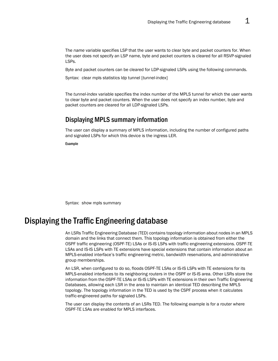 Displaying mpls summary information, Displaying the traffic engineering database | Brocade Multi-Service IronWare Multiprotocol Label Switch (MPLS) Configuration Guide (Supporting R05.6.00) User Manual | Page 257 / 852