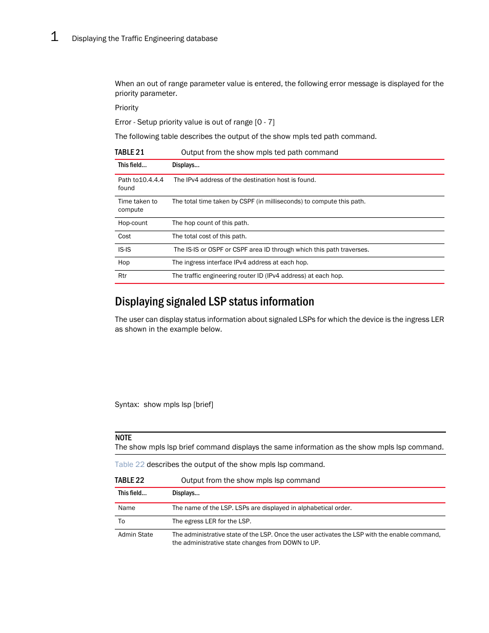 Displaying signaled lsp status information | Brocade Multi-Service IronWare Multiprotocol Label Switch (MPLS) Configuration Guide (Supporting R05.6.00) User Manual | Page 262 / 852