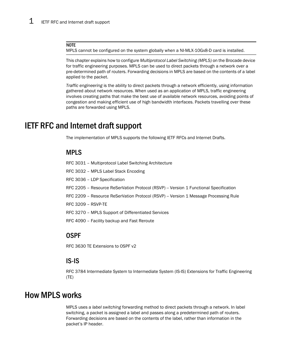 Ietf rfc and internet draft support, Mpls, Ospf | Is-is, How mpls works | Brocade Multi-Service IronWare Multiprotocol Label Switch (MPLS) Configuration Guide (Supporting R05.6.00) User Manual | Page 28 / 852