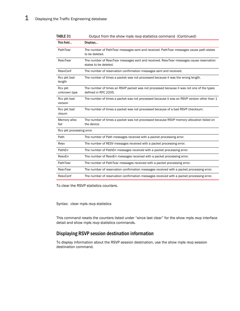 Displaying rsvp session destination information | Brocade Multi-Service IronWare Multiprotocol Label Switch (MPLS) Configuration Guide (Supporting R05.6.00) User Manual | Page 280 / 852