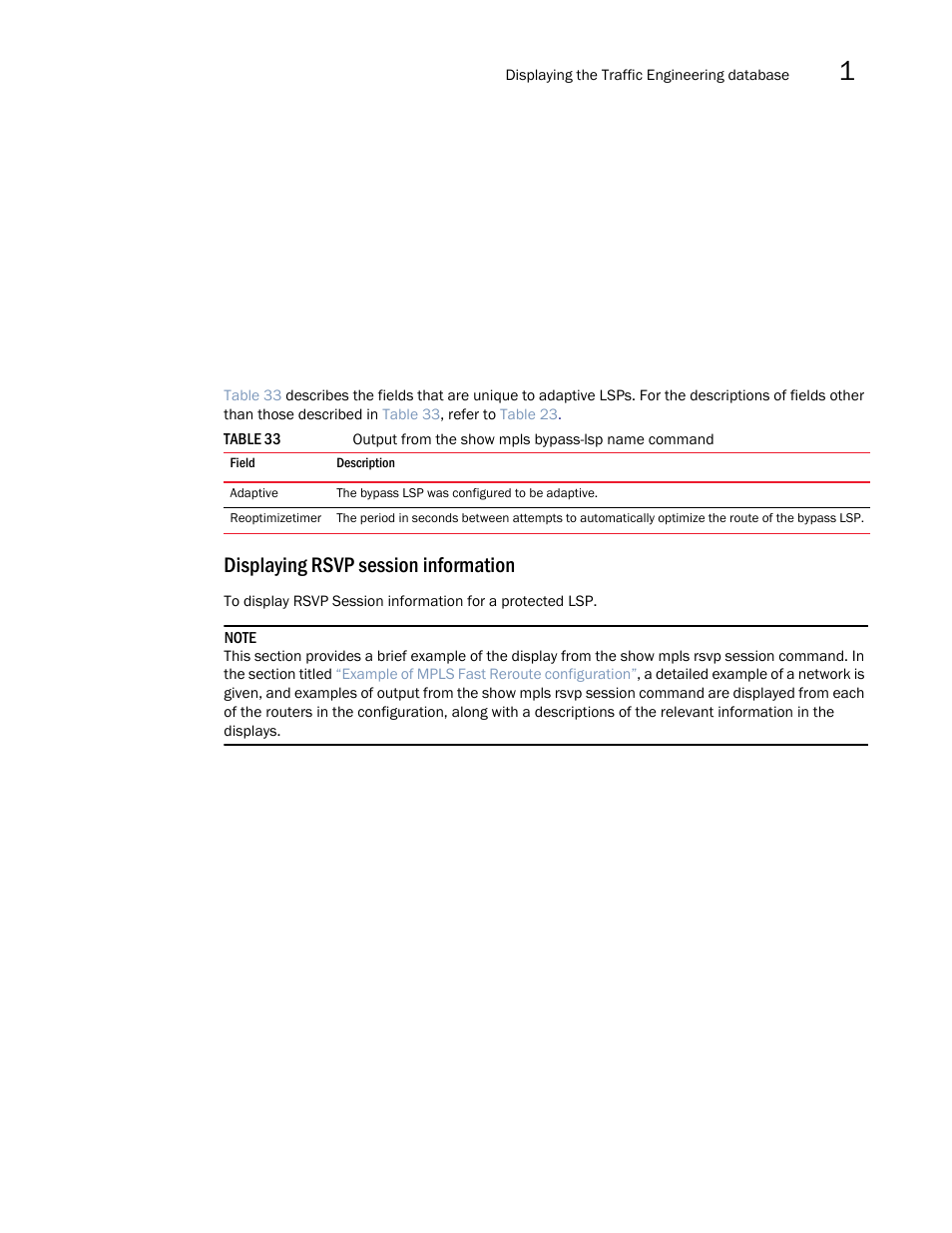 Displaying rsvp session information | Brocade Multi-Service IronWare Multiprotocol Label Switch (MPLS) Configuration Guide (Supporting R05.6.00) User Manual | Page 285 / 852