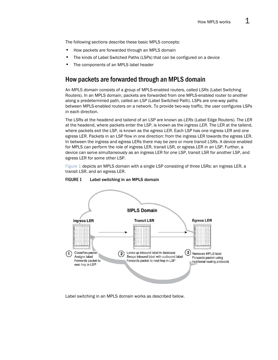 How packets are forwarded through an mpls domain | Brocade Multi-Service IronWare Multiprotocol Label Switch (MPLS) Configuration Guide (Supporting R05.6.00) User Manual | Page 29 / 852