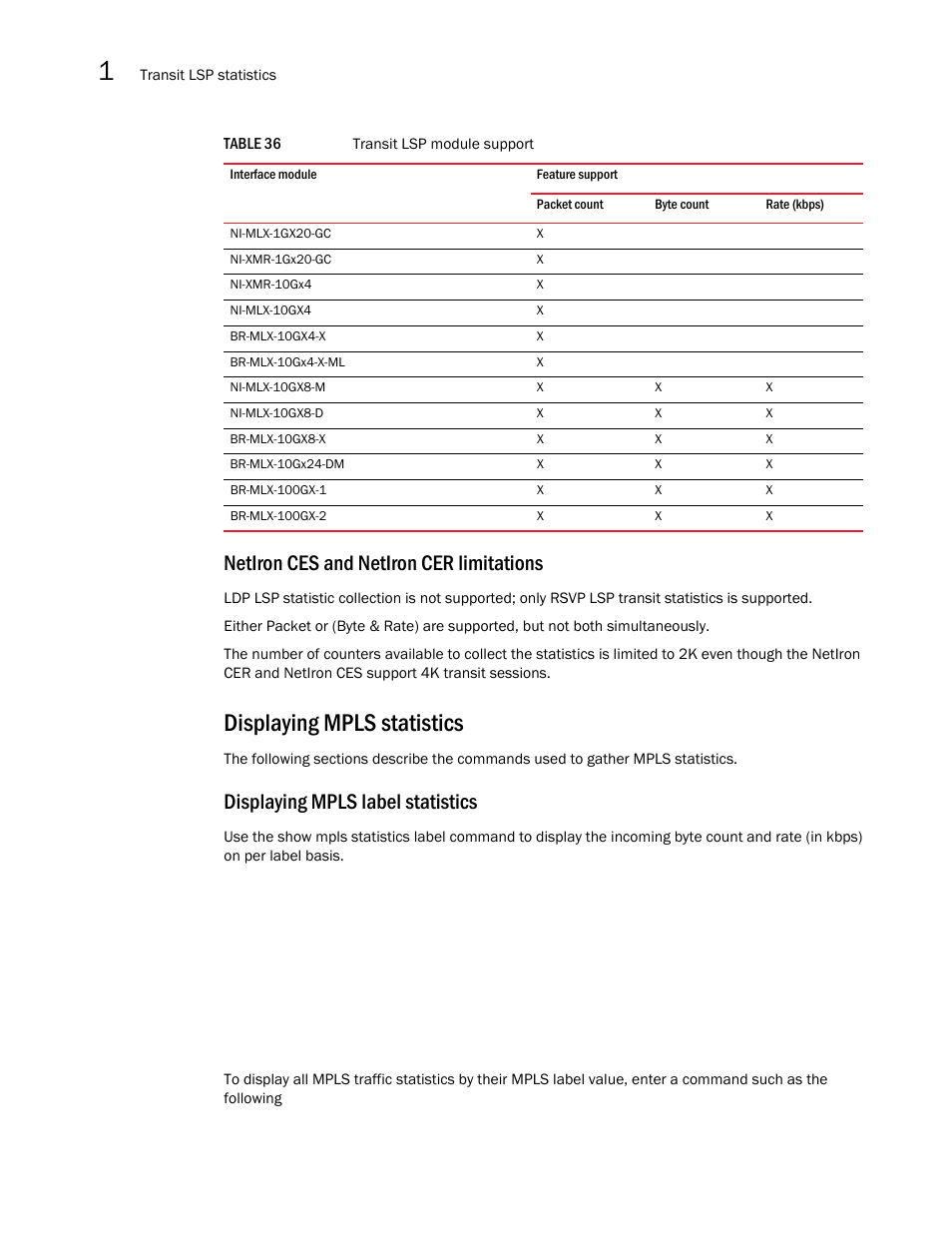 Displaying mpls statistics, Netiron ces and netiron cer limitations, Displaying mpls label statistics | Brocade Multi-Service IronWare Multiprotocol Label Switch (MPLS) Configuration Guide (Supporting R05.6.00) User Manual | Page 292 / 852