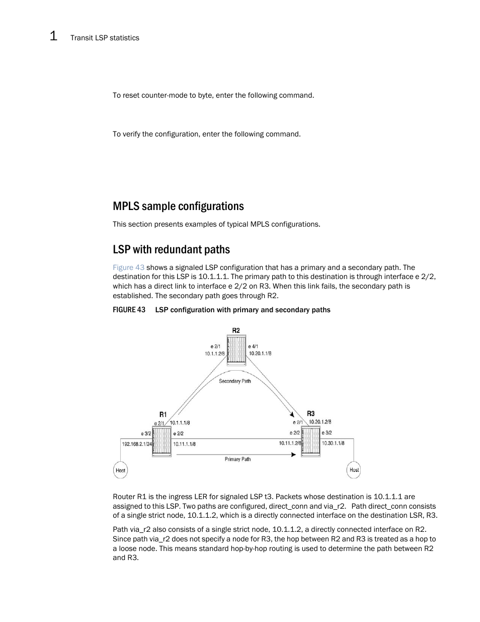 Mpls sample configurations, Lsp with redundant paths | Brocade Multi-Service IronWare Multiprotocol Label Switch (MPLS) Configuration Guide (Supporting R05.6.00) User Manual | Page 296 / 852