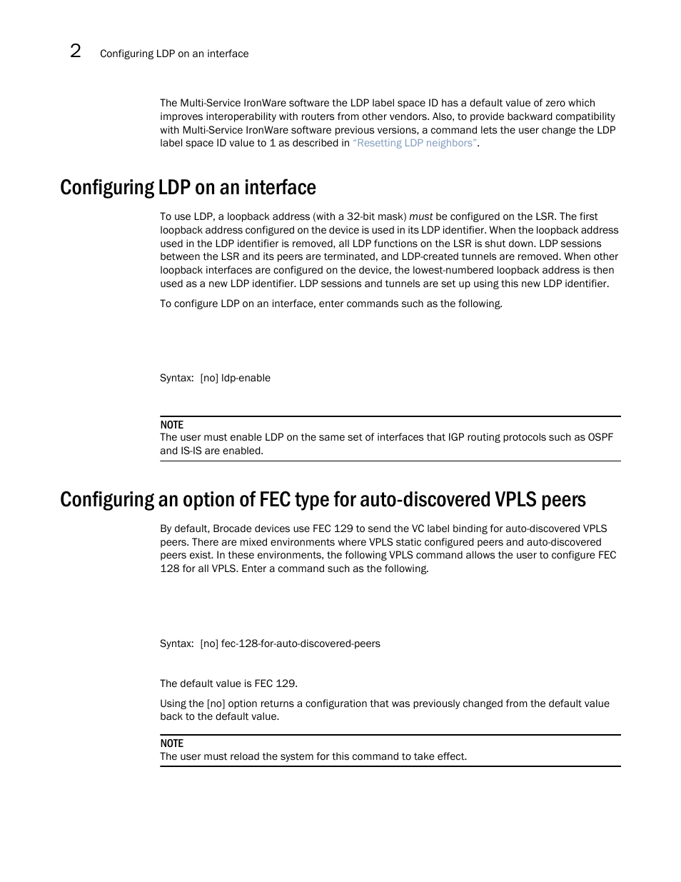 Configuring ldp on an interface | Brocade Multi-Service IronWare Multiprotocol Label Switch (MPLS) Configuration Guide (Supporting R05.6.00) User Manual | Page 322 / 852