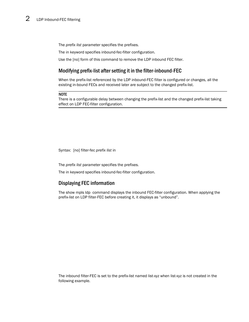 Displaying fec information | Brocade Multi-Service IronWare Multiprotocol Label Switch (MPLS) Configuration Guide (Supporting R05.6.00) User Manual | Page 324 / 852