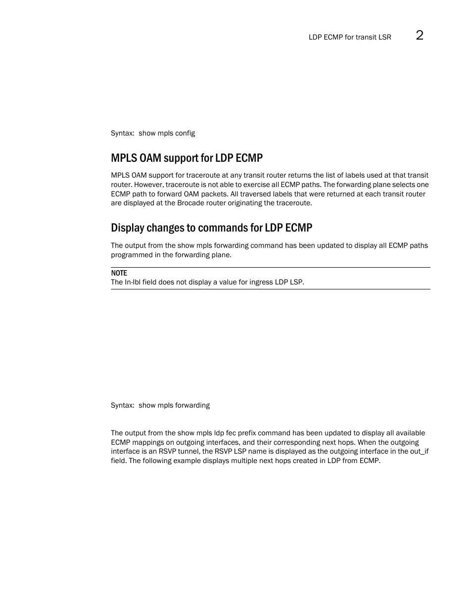 Mpls oam support for ldp ecmp, Display changes to commands for ldp ecmp | Brocade Multi-Service IronWare Multiprotocol Label Switch (MPLS) Configuration Guide (Supporting R05.6.00) User Manual | Page 355 / 852