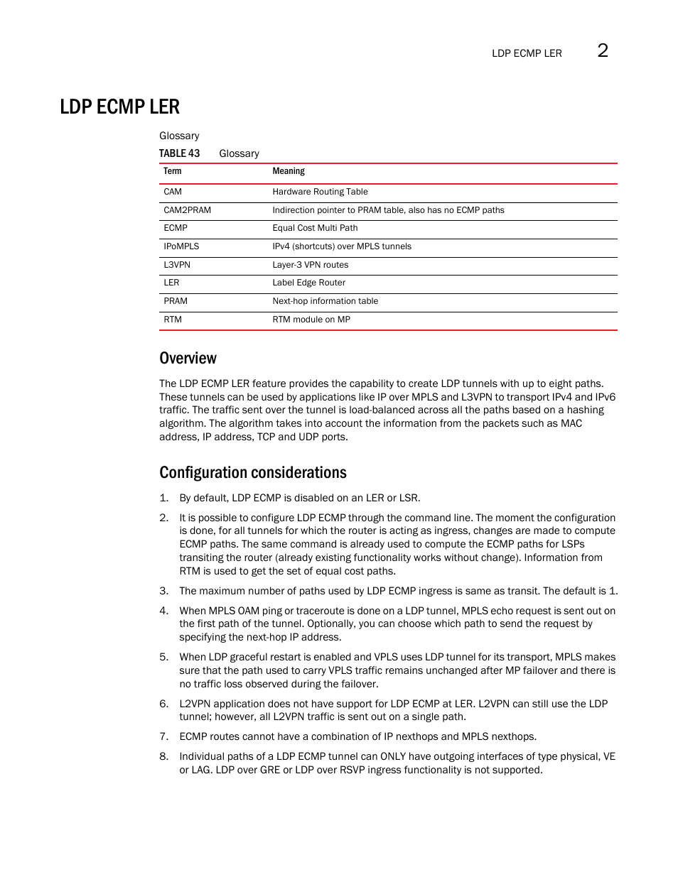 Ldp ecmp ler, Overview, Configuration considerations | Brocade Multi-Service IronWare Multiprotocol Label Switch (MPLS) Configuration Guide (Supporting R05.6.00) User Manual | Page 357 / 852