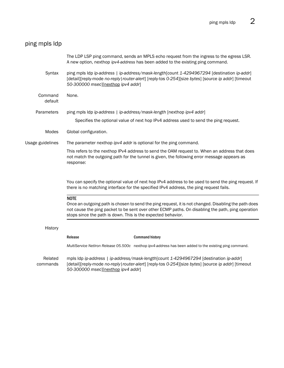 Ping mpls ldp | Brocade Multi-Service IronWare Multiprotocol Label Switch (MPLS) Configuration Guide (Supporting R05.6.00) User Manual | Page 367 / 852