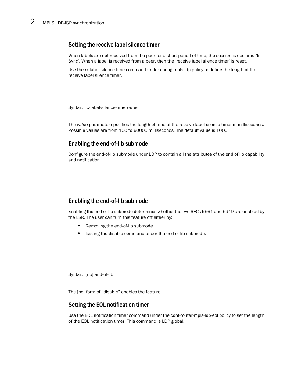 Setting the receive label silence timer, Enabling the end-of-lib submode, Setting the eol notification timer | Brocade Multi-Service IronWare Multiprotocol Label Switch (MPLS) Configuration Guide (Supporting R05.6.00) User Manual | Page 380 / 852