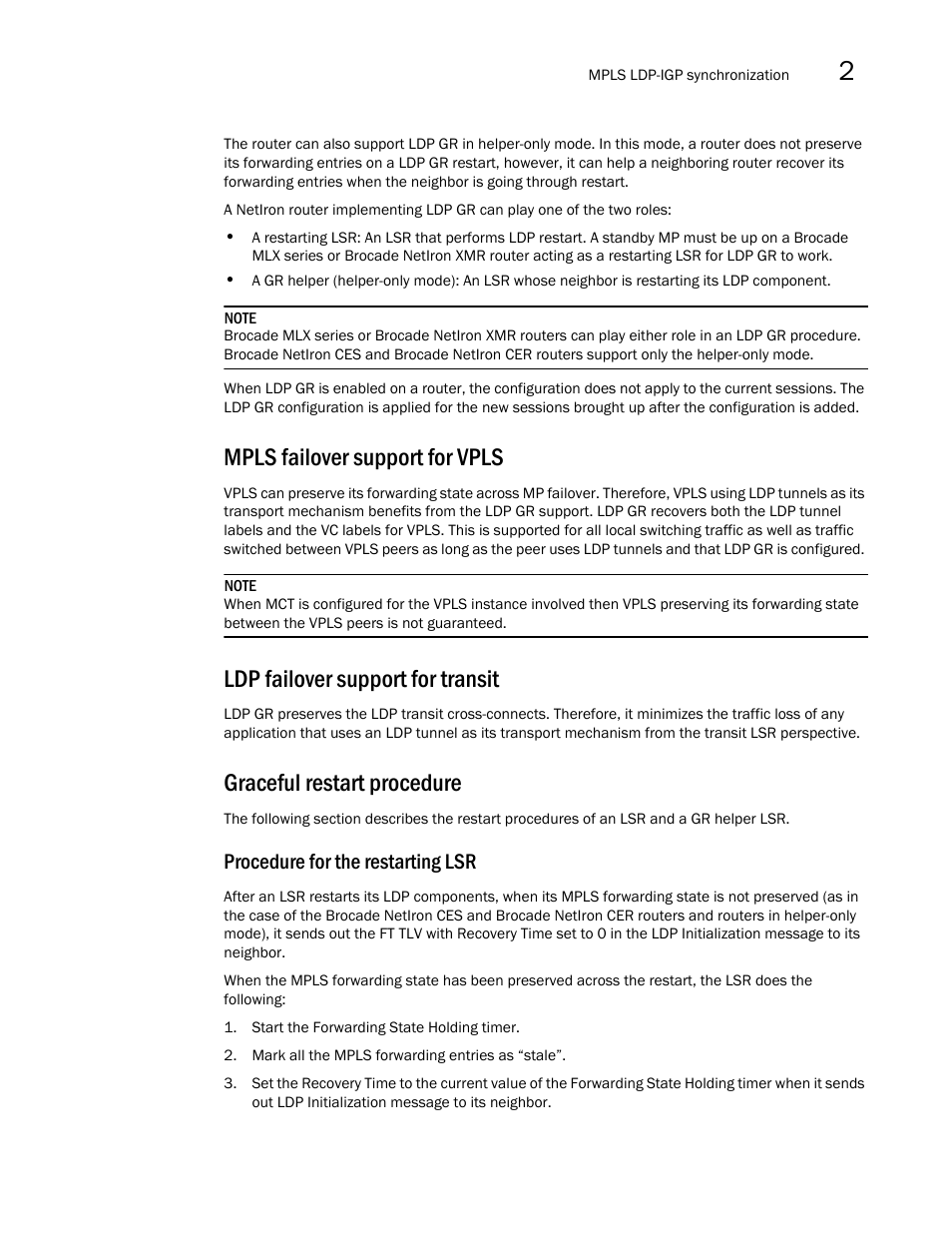 Mpls failover support for vpls, Ldp failover support for transit, Graceful restart procedure | Procedure for the restarting lsr | Brocade Multi-Service IronWare Multiprotocol Label Switch (MPLS) Configuration Guide (Supporting R05.6.00) User Manual | Page 385 / 852