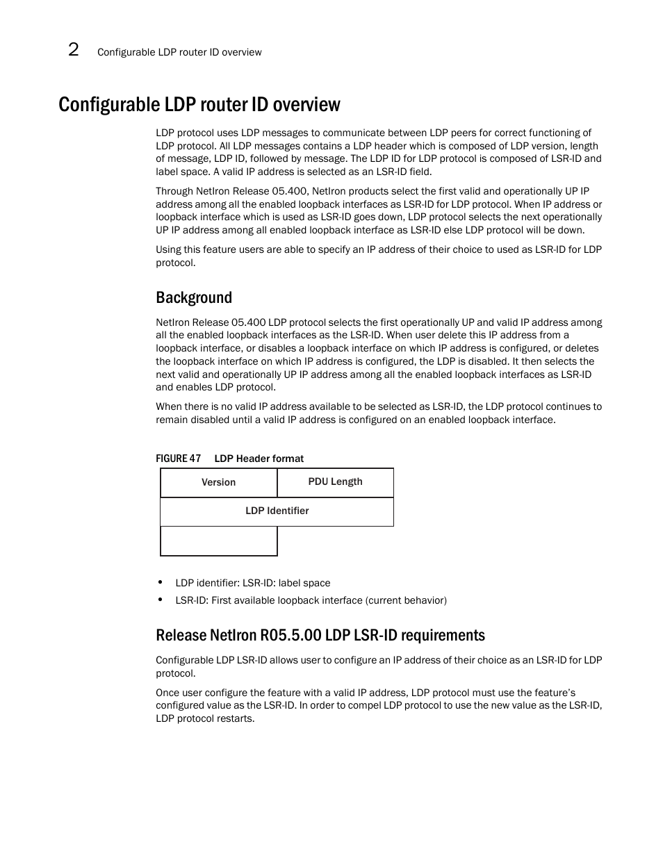 Configurable ldp router id overview, Background, Release netiron r05.5.00 ldp lsr-id requirements | Brocade Multi-Service IronWare Multiprotocol Label Switch (MPLS) Configuration Guide (Supporting R05.6.00) User Manual | Page 392 / 852