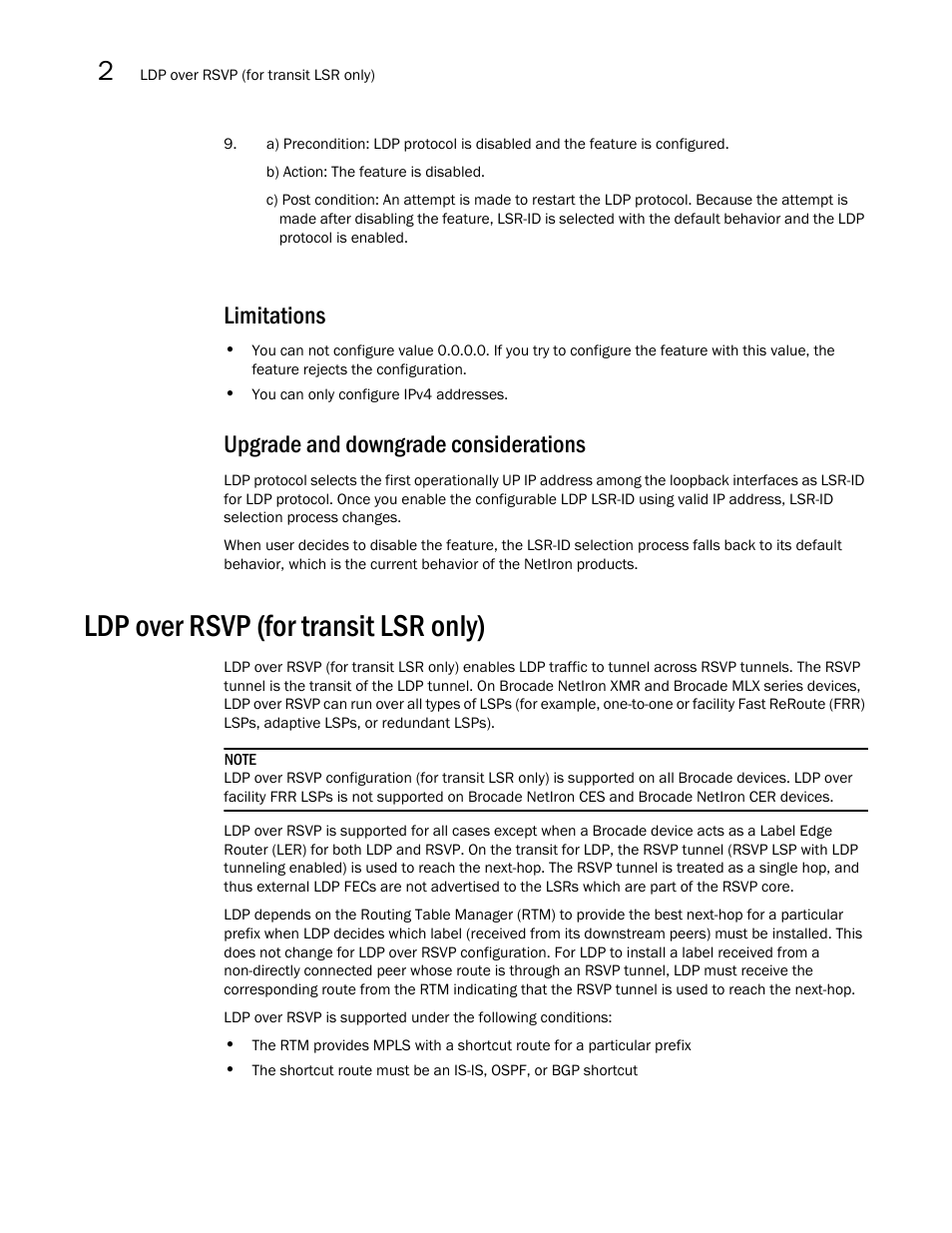 Limitations, Upgrade and downgrade considerations, Ldp over rsvp (for transit lsr only) | Brocade Multi-Service IronWare Multiprotocol Label Switch (MPLS) Configuration Guide (Supporting R05.6.00) User Manual | Page 394 / 852