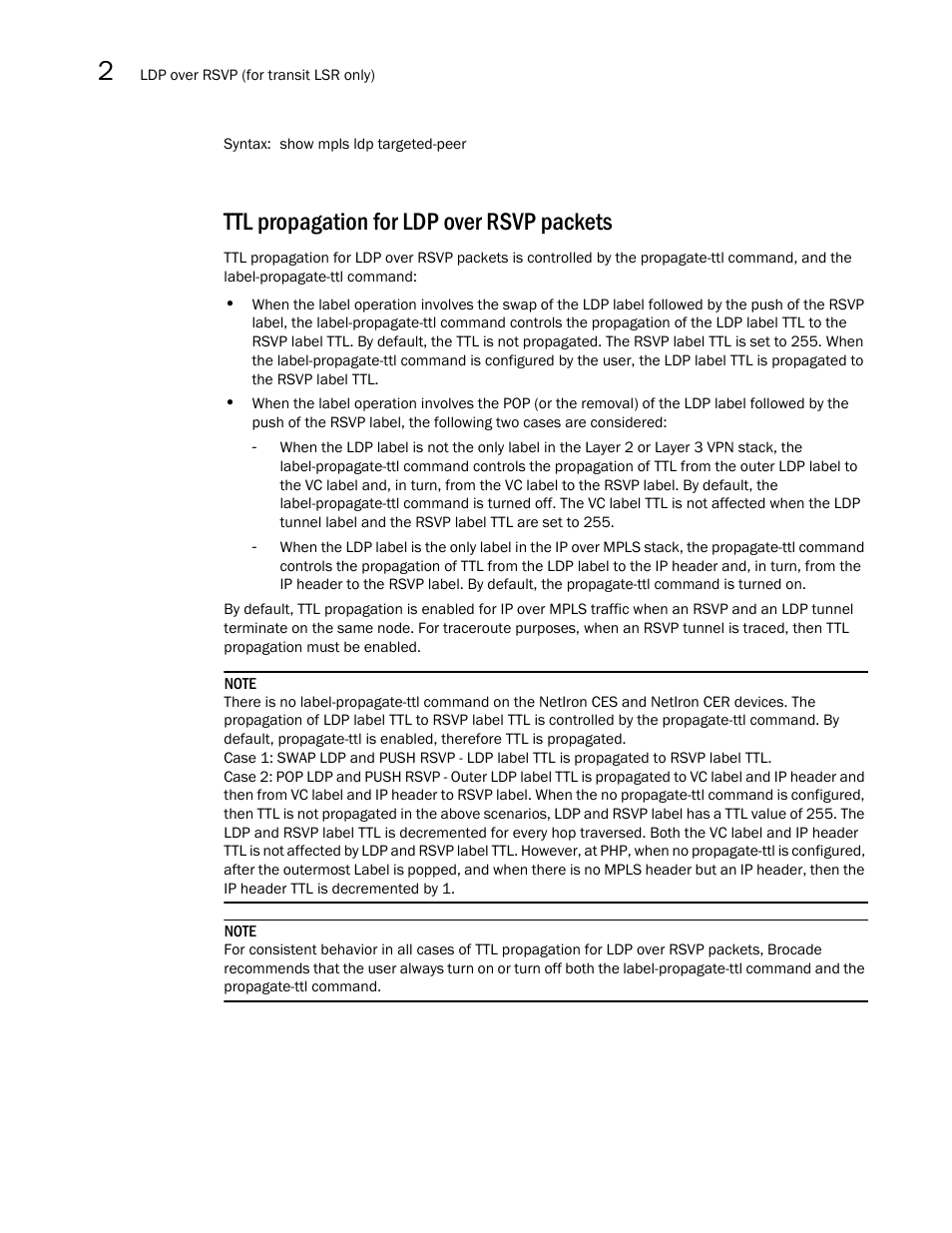 Ttl propagation for ldp over rsvp packets | Brocade Multi-Service IronWare Multiprotocol Label Switch (MPLS) Configuration Guide (Supporting R05.6.00) User Manual | Page 398 / 852