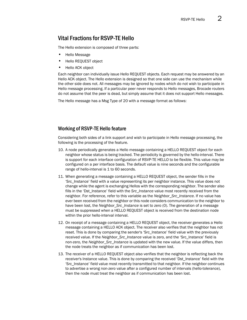 Vital fractions for rsvp-te hello, Working of rsvp-te hello feature | Brocade Multi-Service IronWare Multiprotocol Label Switch (MPLS) Configuration Guide (Supporting R05.6.00) User Manual | Page 401 / 852