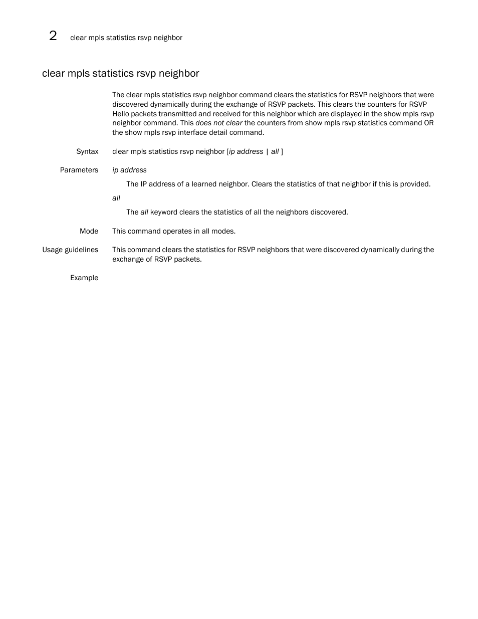 Clear mpls statistics rsvp neighbor | Brocade Multi-Service IronWare Multiprotocol Label Switch (MPLS) Configuration Guide (Supporting R05.6.00) User Manual | Page 412 / 852