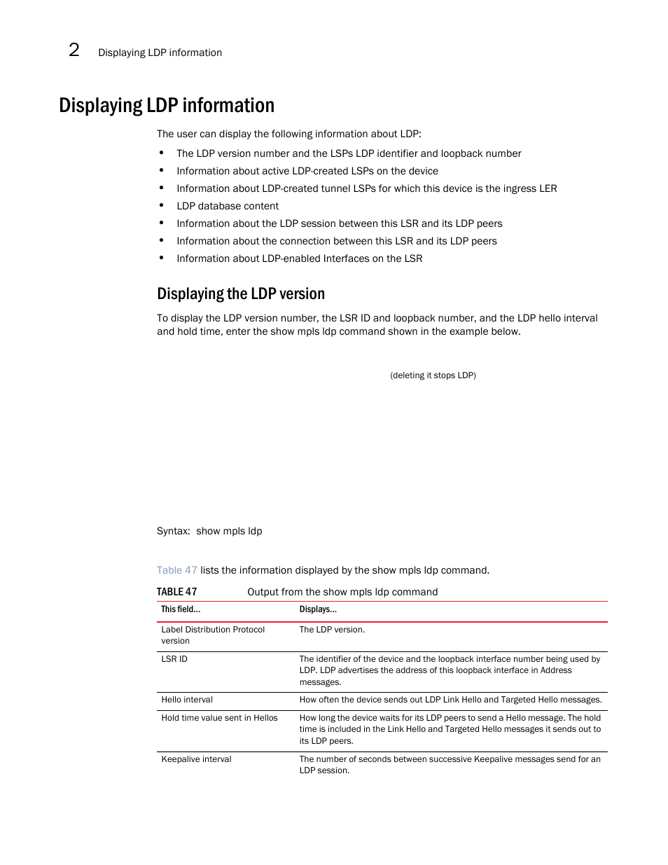 Displaying ldp information, Displaying the ldp version | Brocade Multi-Service IronWare Multiprotocol Label Switch (MPLS) Configuration Guide (Supporting R05.6.00) User Manual | Page 424 / 852