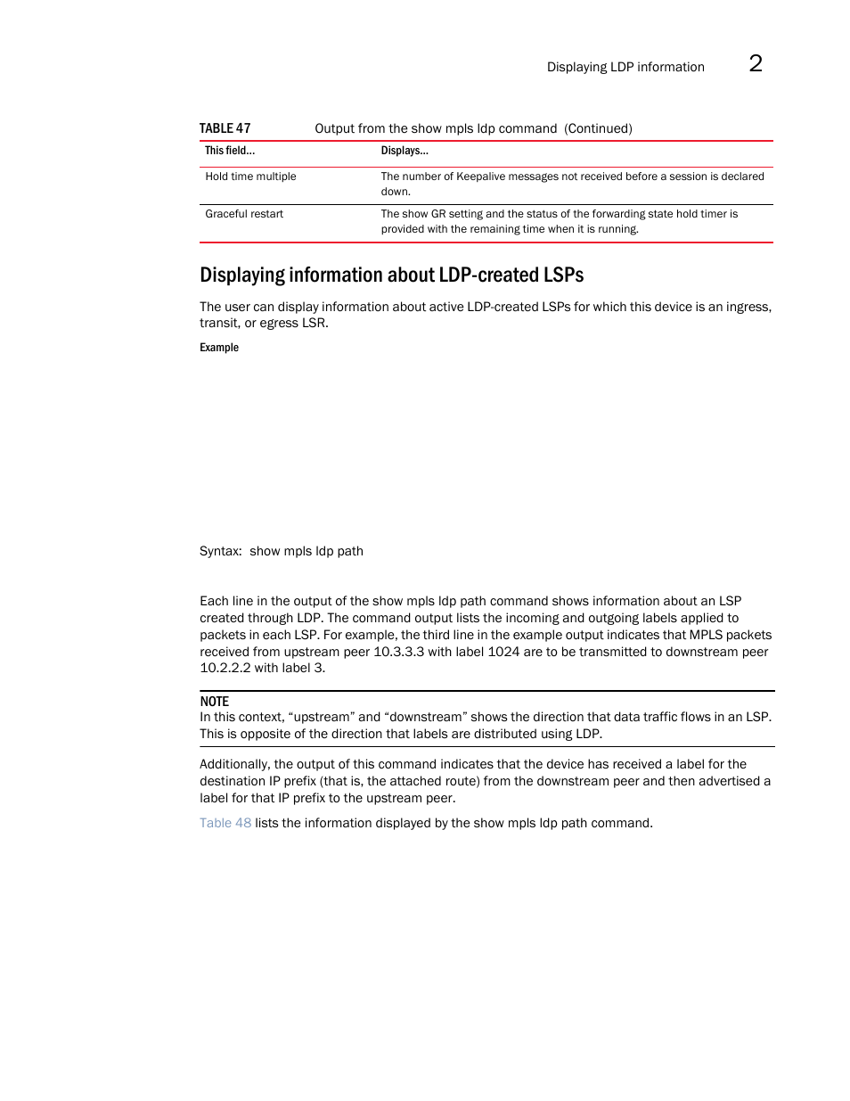 Displaying information about ldp-created lsps | Brocade Multi-Service IronWare Multiprotocol Label Switch (MPLS) Configuration Guide (Supporting R05.6.00) User Manual | Page 425 / 852