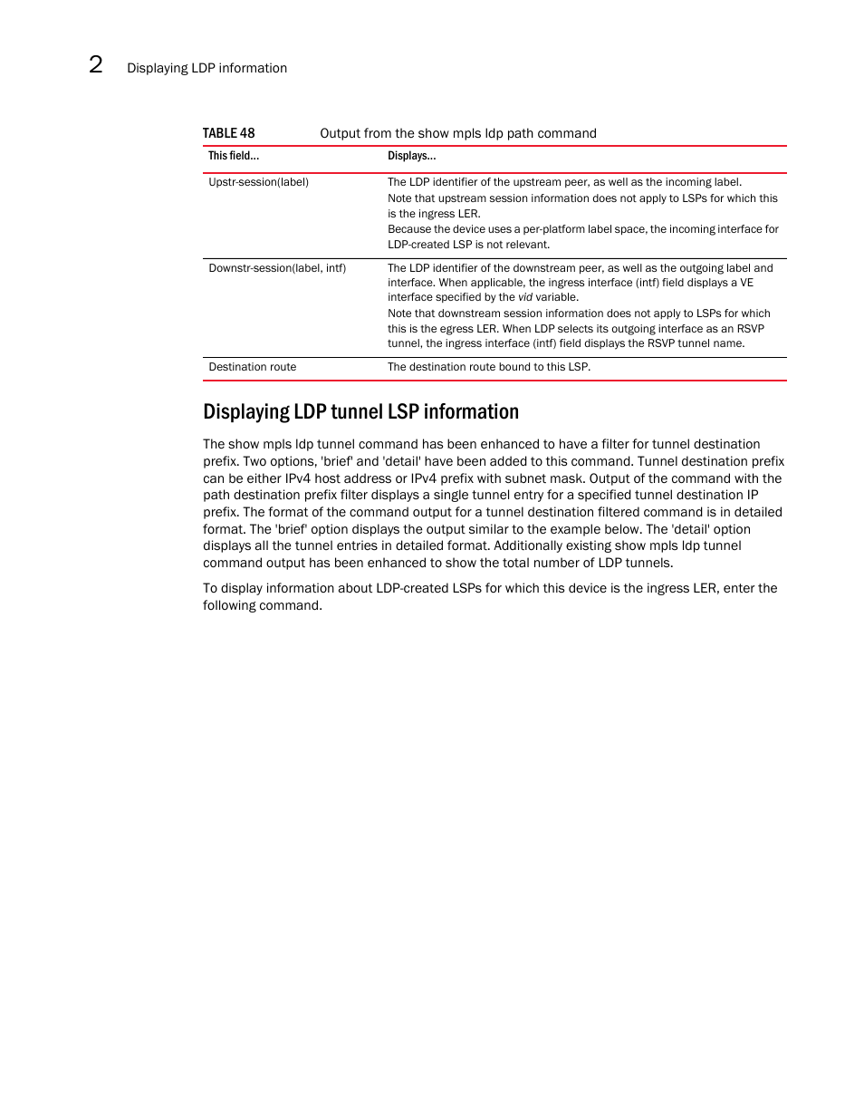 Displaying ldp tunnel lsp information | Brocade Multi-Service IronWare Multiprotocol Label Switch (MPLS) Configuration Guide (Supporting R05.6.00) User Manual | Page 426 / 852