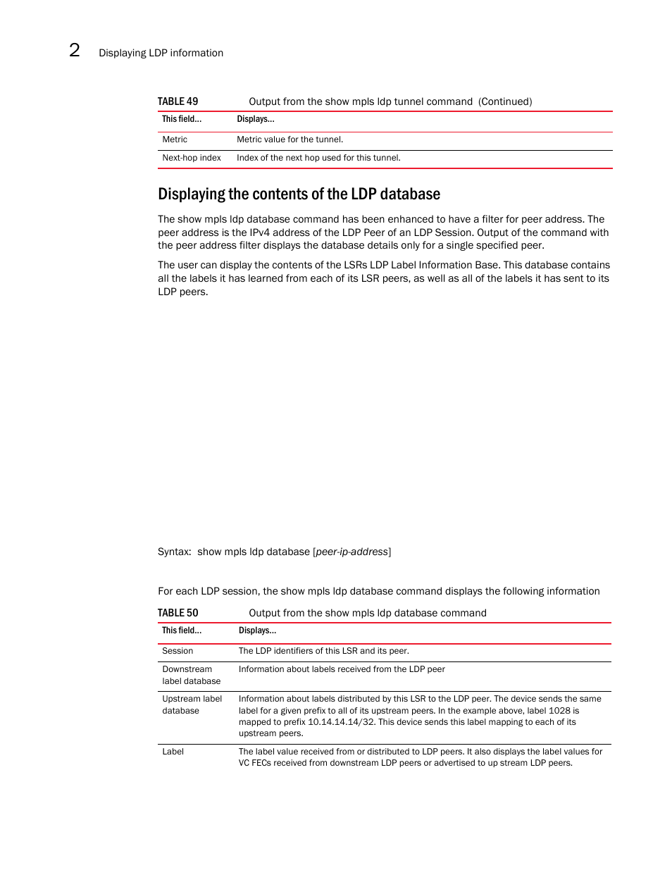 Displaying the contents of the ldp database | Brocade Multi-Service IronWare Multiprotocol Label Switch (MPLS) Configuration Guide (Supporting R05.6.00) User Manual | Page 428 / 852