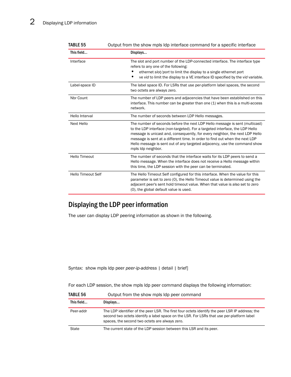 Displaying the ldp peer information | Brocade Multi-Service IronWare Multiprotocol Label Switch (MPLS) Configuration Guide (Supporting R05.6.00) User Manual | Page 436 / 852