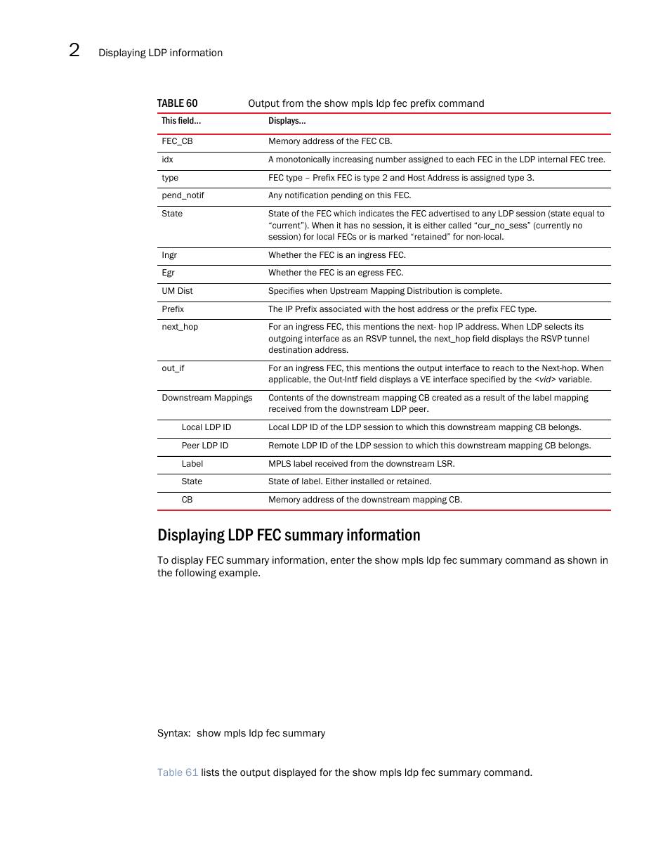 Displaying ldp fec summary information, Table | Brocade Multi-Service IronWare Multiprotocol Label Switch (MPLS) Configuration Guide (Supporting R05.6.00) User Manual | Page 440 / 852