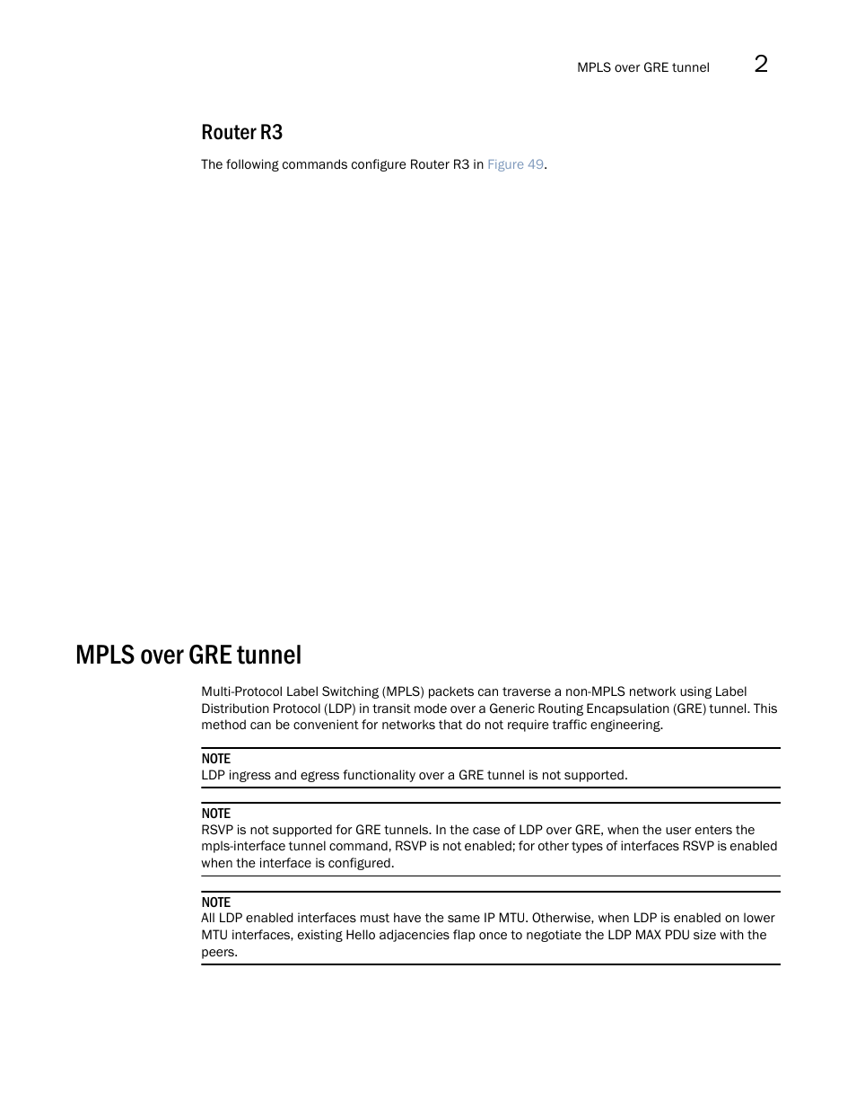 Router r3, Mpls over gre tunnel | Brocade Multi-Service IronWare Multiprotocol Label Switch (MPLS) Configuration Guide (Supporting R05.6.00) User Manual | Page 451 / 852