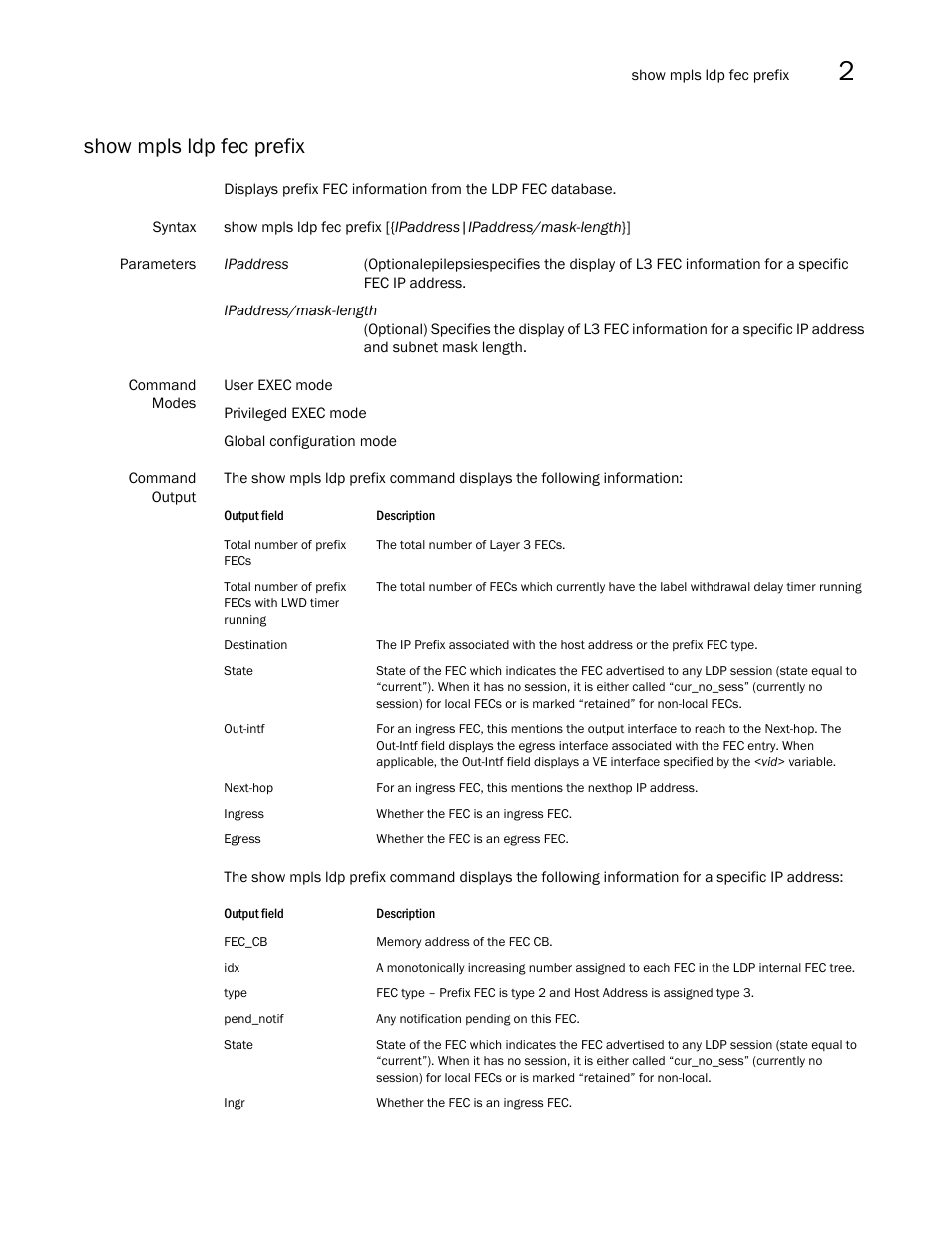 Show mpls ldp fec prefix | Brocade Multi-Service IronWare Multiprotocol Label Switch (MPLS) Configuration Guide (Supporting R05.6.00) User Manual | Page 467 / 852