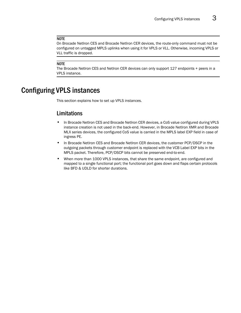 Configuring vpls instances, Limitations | Brocade Multi-Service IronWare Multiprotocol Label Switch (MPLS) Configuration Guide (Supporting R05.6.00) User Manual | Page 477 / 852