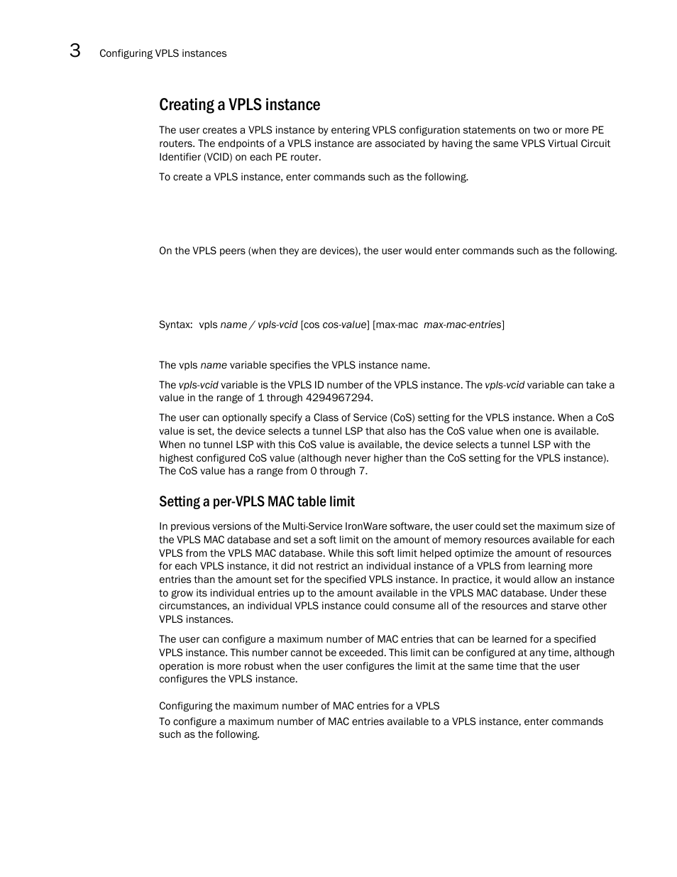 Creating a vpls instance, Setting a per-vpls mac table limit | Brocade Multi-Service IronWare Multiprotocol Label Switch (MPLS) Configuration Guide (Supporting R05.6.00) User Manual | Page 478 / 852