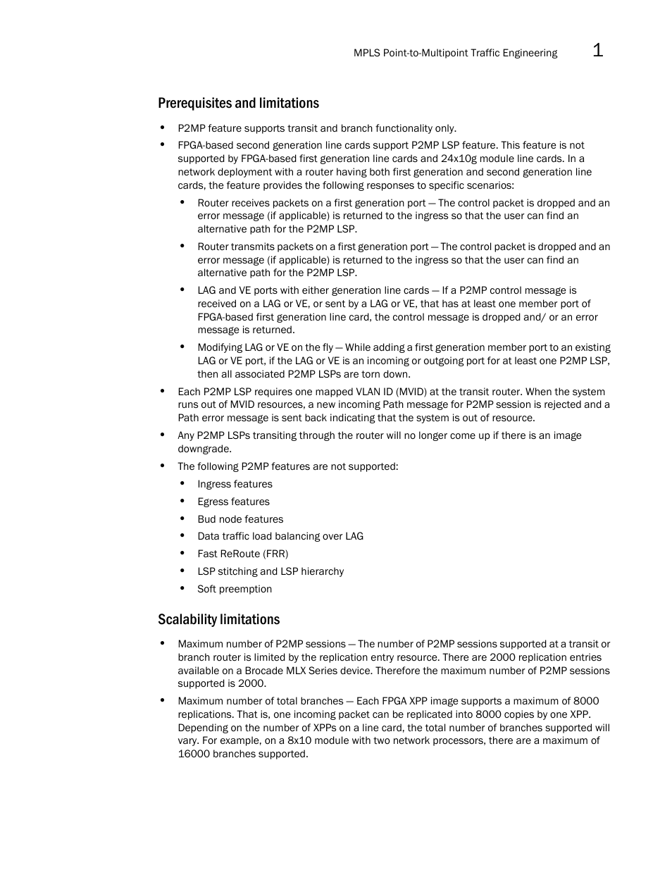 Prerequisites and limitations, Scalability limitations | Brocade Multi-Service IronWare Multiprotocol Label Switch (MPLS) Configuration Guide (Supporting R05.6.00) User Manual | Page 49 / 852