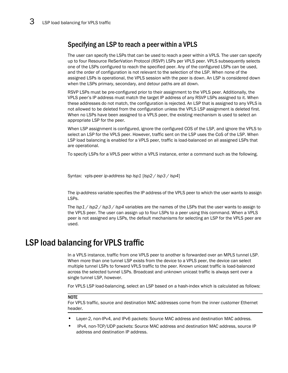 Specifying an lsp to reach a peer within a vpls, Lsp load balancing for vpls traffic | Brocade Multi-Service IronWare Multiprotocol Label Switch (MPLS) Configuration Guide (Supporting R05.6.00) User Manual | Page 492 / 852