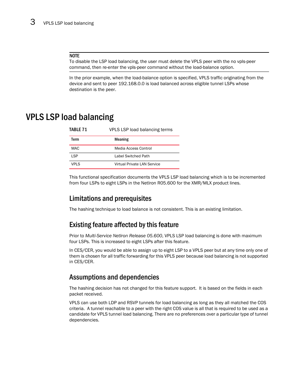 Vpls lsp load balancing, Limitations and prerequisites, Existing feature affected by this feature | Assumptions and dependencies | Brocade Multi-Service IronWare Multiprotocol Label Switch (MPLS) Configuration Guide (Supporting R05.6.00) User Manual | Page 494 / 852